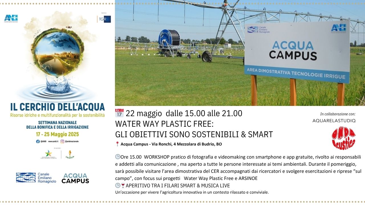 📸💧 22 maggio | Acqua Campus apre le porte!
Un’intera giornata tra fotografia, video e innovazione ambientale!
Ti aspettiamo per un’esperienza unica che unisce creatività e ricerca, tra natura, acqua e tecnologie all’avanguardia.
🎬 In programma:
🔹 Workshop fotografico e video: racconta il territorio e l’acqua attraverso l’obiettivo
🔹 Visita guidata al centro di ricerca Acqua Campus
🔹 Prove pratiche sul campo: strumenti e metodi per l’agricoltura sostenibile
🌱 Evento aperto a tutti gli amanti dell’ambiente e dell’agricoltura!
📍 Dove: Acqua Campus – Bologna
📅 Quando: Mercoledì 22 maggio 2025
📞 Conferma la tua presenza chiamando lo 051 333102
Non perdere l’occasione di vivere da vicino il futuro della gestione dell’acqua e dell’innovazione in agricoltura!
#AcquaCampus #WorkshopFotoVideo #BonificaInCampo #AmbienteEAgricoltura #OpenDayBonifica #22maggio #GestioneAcqua #RicercaESostenibilità