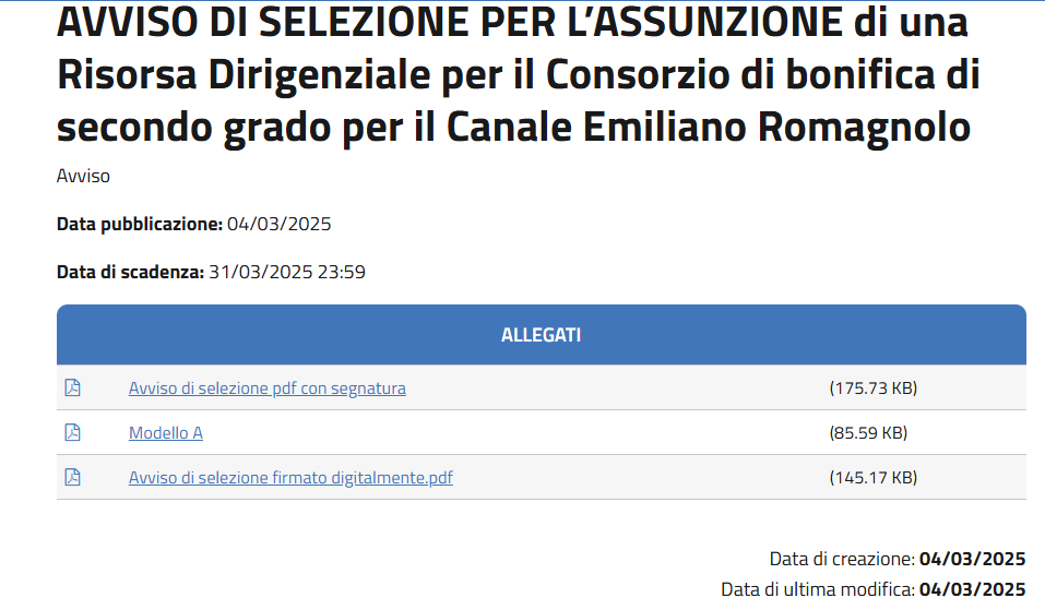 “AVVISO DI SELEZIONE PER L’ASSUNZIONE di una Risorsa Dirigenziale per il Consorzio di bonifica di secondo grado per il Canale Emiliano Romagnolo